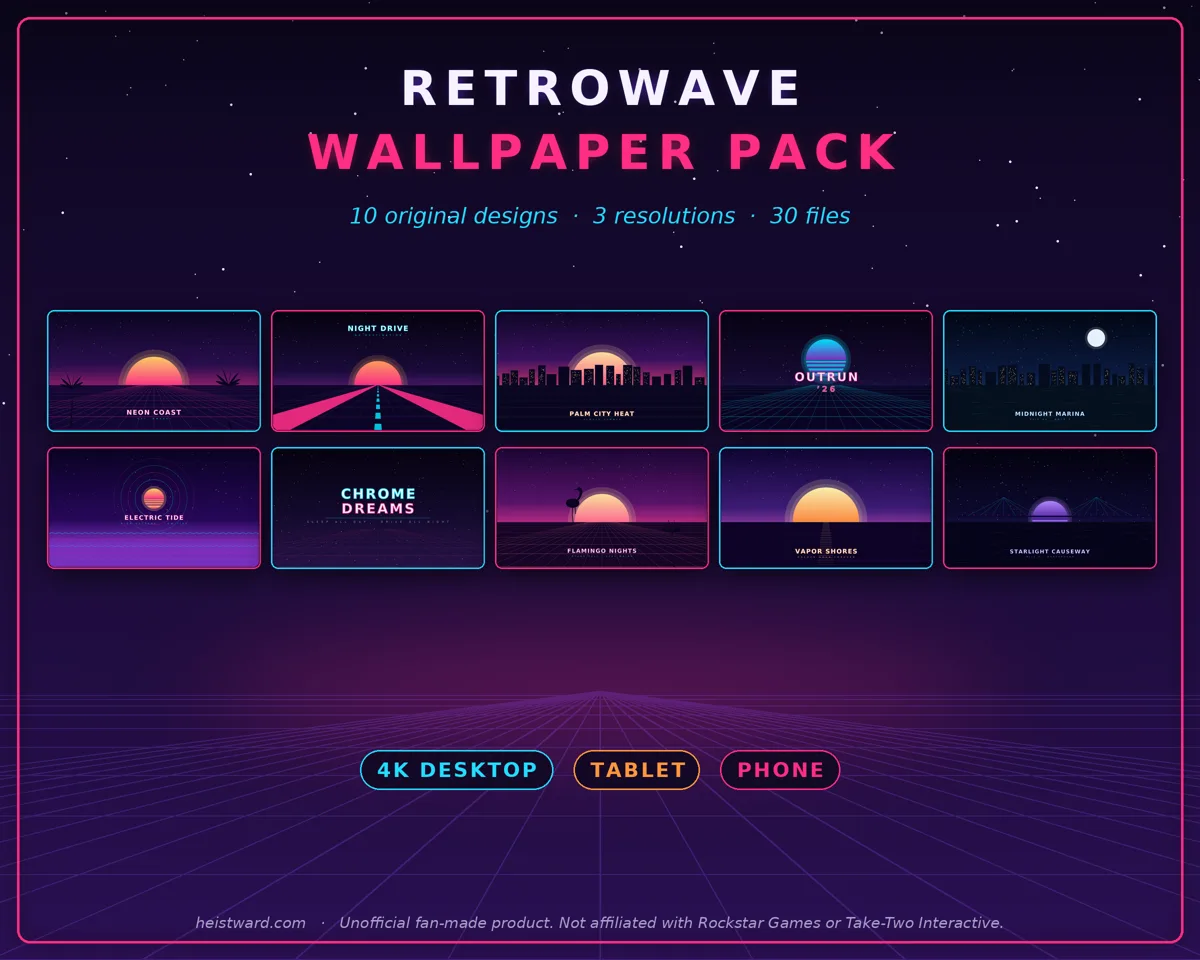All ten retrowave wallpaper designs in a grid